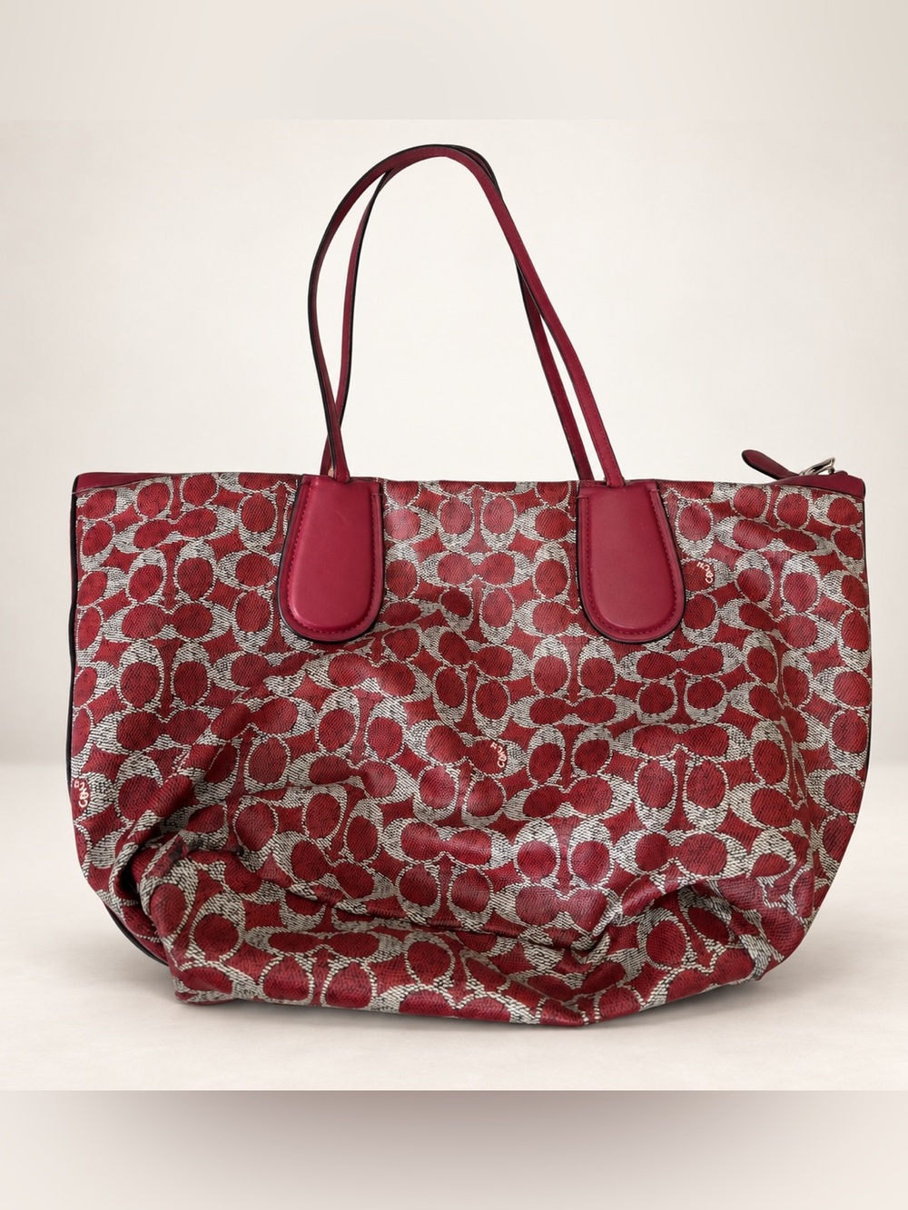 Coach Taxi Zip Top Tote Red Signature Canvas Leather Pouch F33504